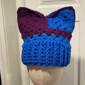Handmade Crochet Cat Animal Ear Beanie Hat Cozy Ribbed Brim Stretch Winter Hat